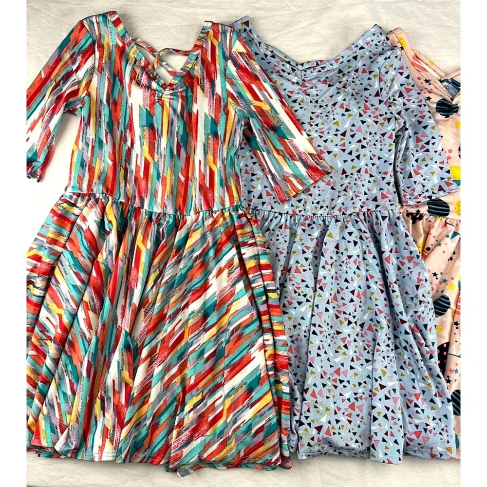 4pc Dot Smile Girls 3 4 Balloons Blue Floral Triangle Ballerina‎ Twirl Dress Lot